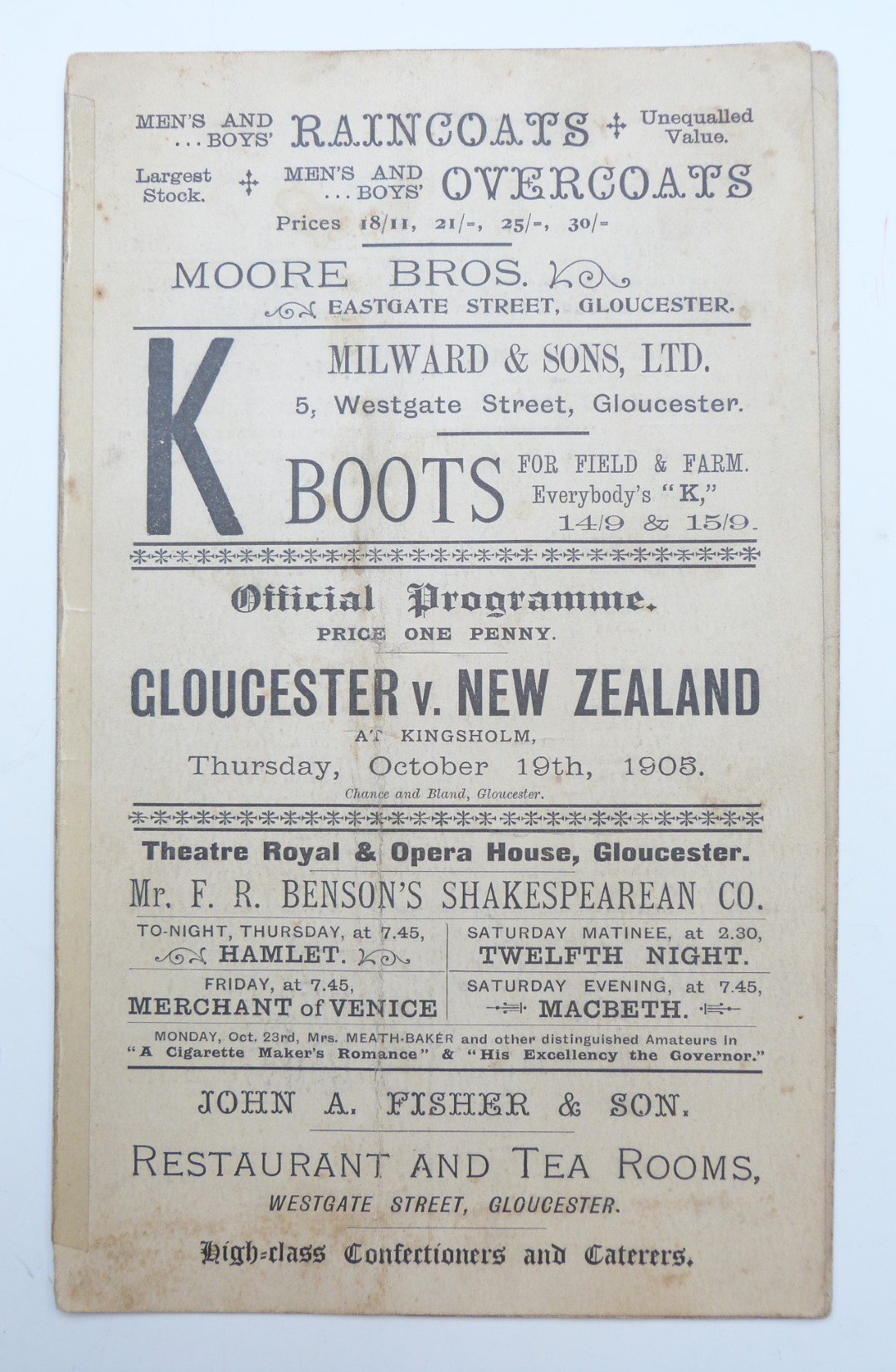 1905 Gloucester v New Zealand - All Blacks - Originals Rugby Tour programme